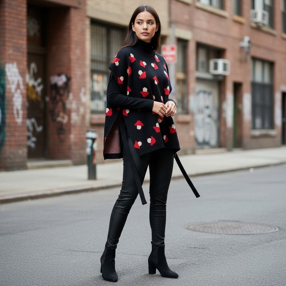 Fantastica Art Vest Red Mushroom Print Mock Neck Side Tie Top Sz Large NWT